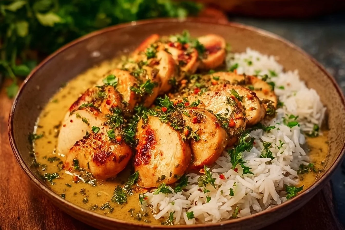 Delicious plate of Garlic Butter Chicken served with herbs and spices