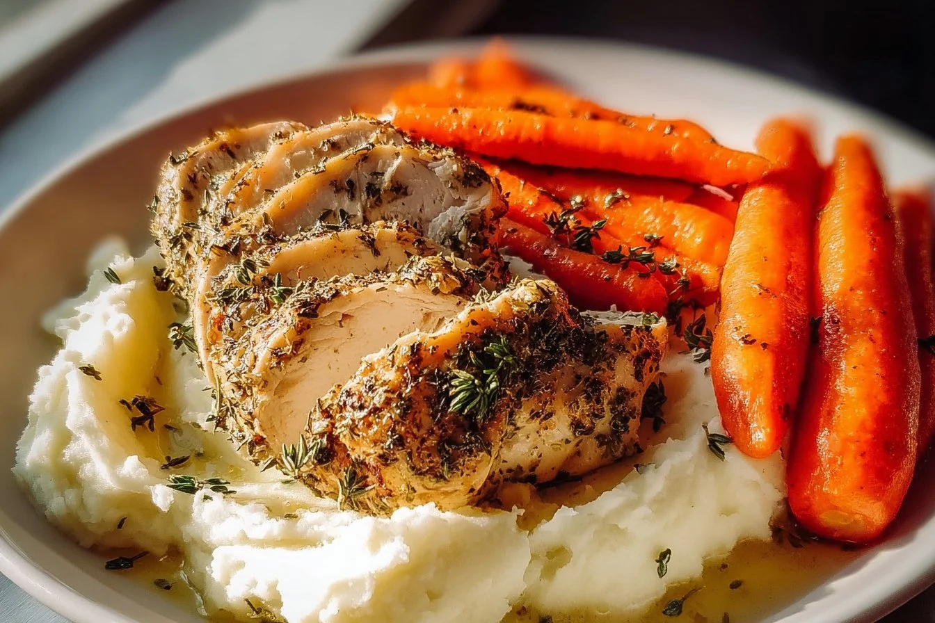Garlic herb chicken plated with creamy mashed potatoes and roasted carrots