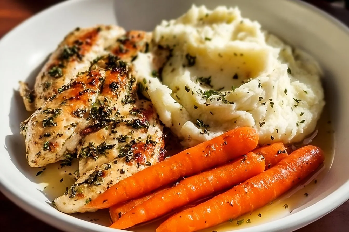 Garlic Herb Chicken with Mashed Potatoes and Glazed Carrots