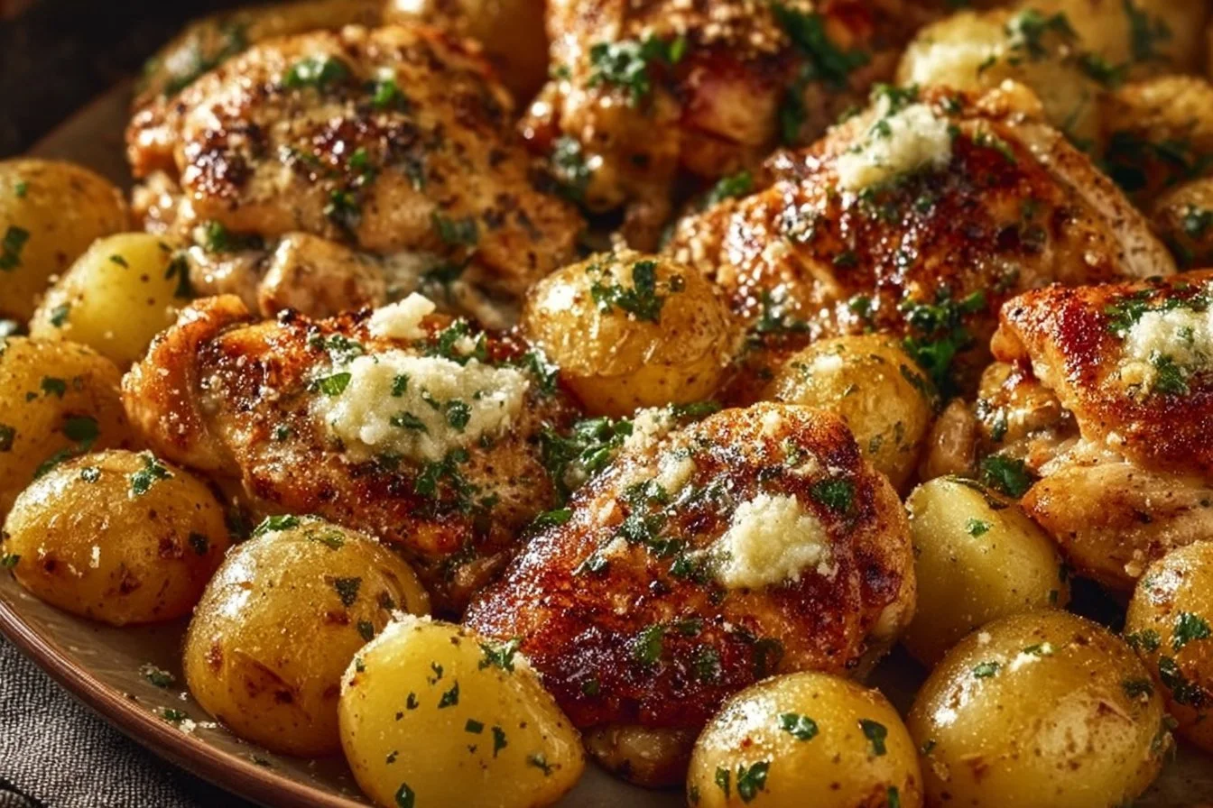 Garlic Parmesan Chicken thighs served with seasoned potatoes