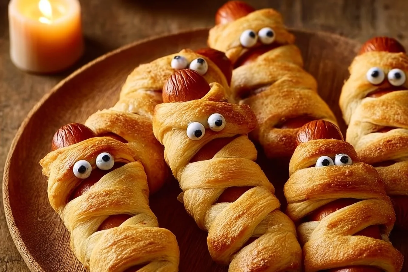 Golden Croissant Mummy Dogs wrapped in flaky dough for Halloween treats