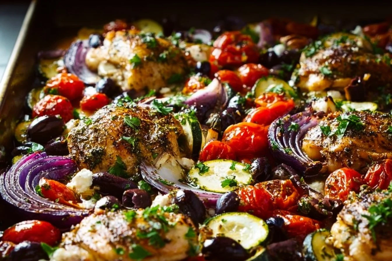 Delicious Greek Sheet Pan Chicken served with vegetables on a baking tray