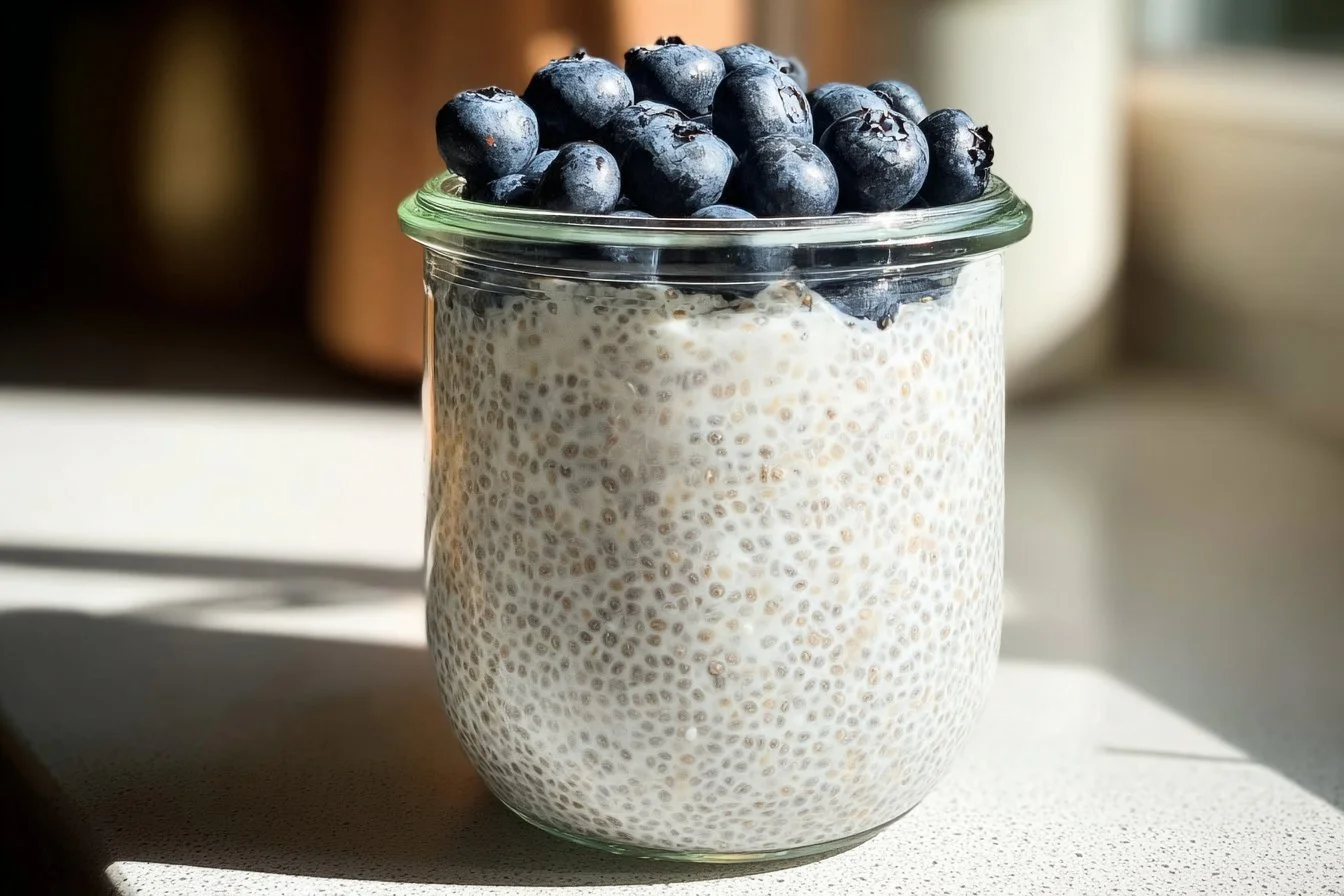 Healthy Greek yogurt chia pudding topped with fresh fruits and nuts