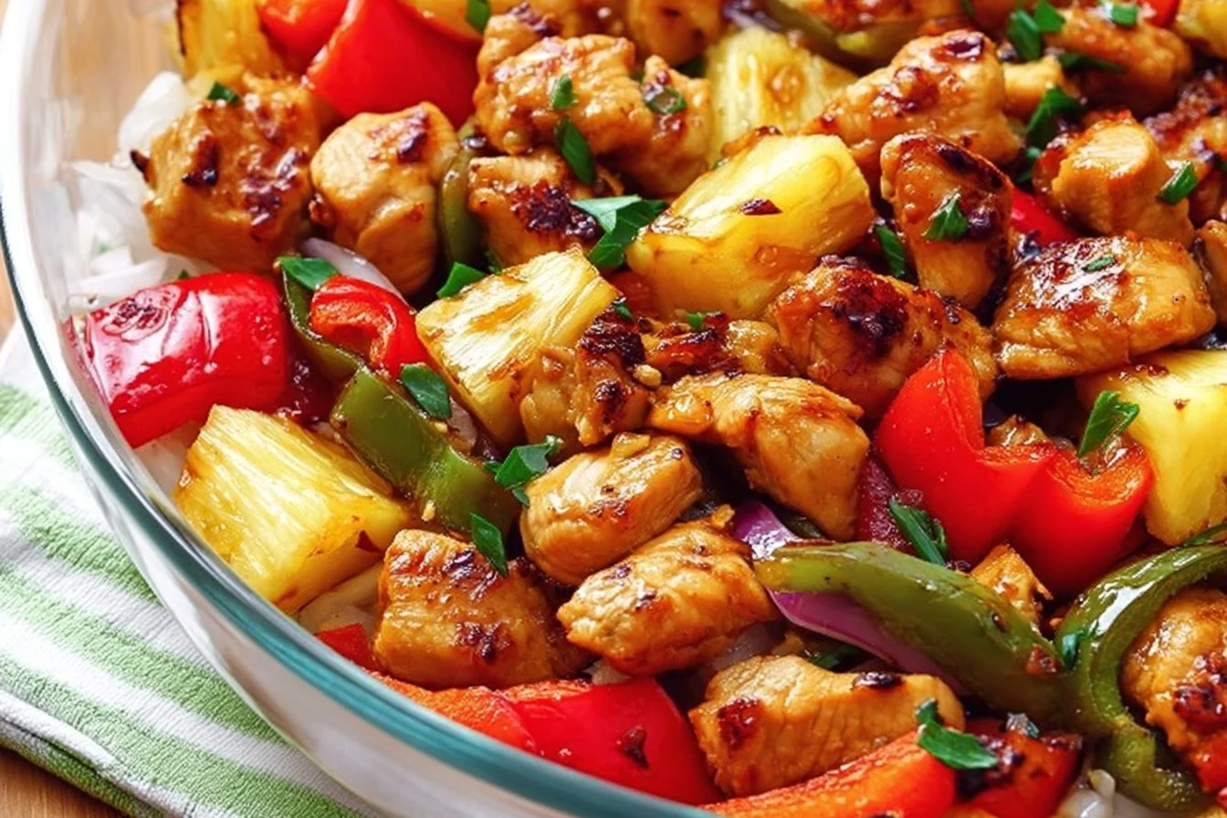 Hawaiian Chicken Sheet Pan 1 Hawaiian Chicken Sheet Pan with colorful vegetables and pineapple glaze