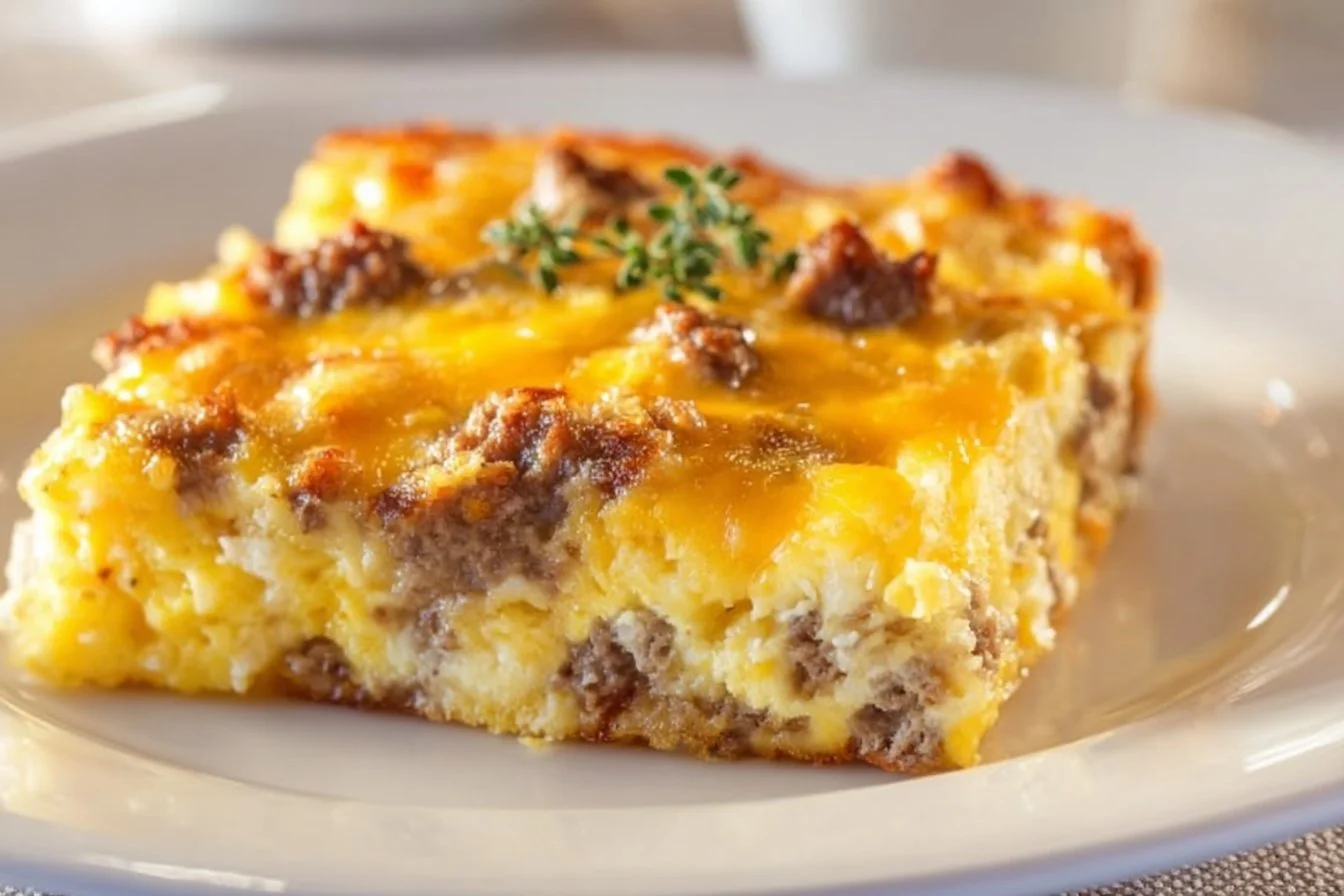 Hearty breakfast casserole filled with eggs, sausage, and vegetables.