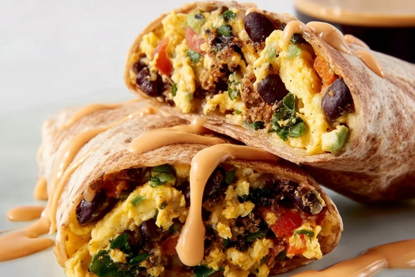 High-protein breakfast burrito filled with eggs, beans, and veggies