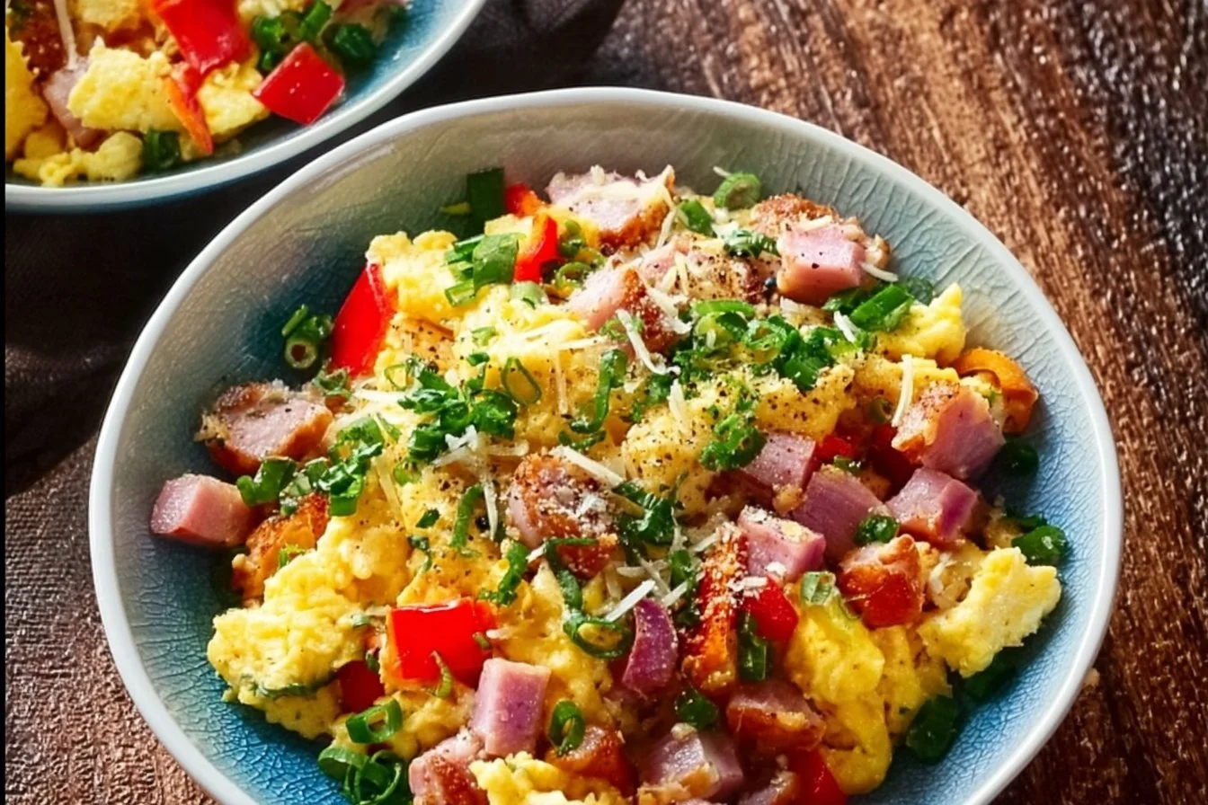 High-protein breakfast scramble with vegetables and eggs in a bowl