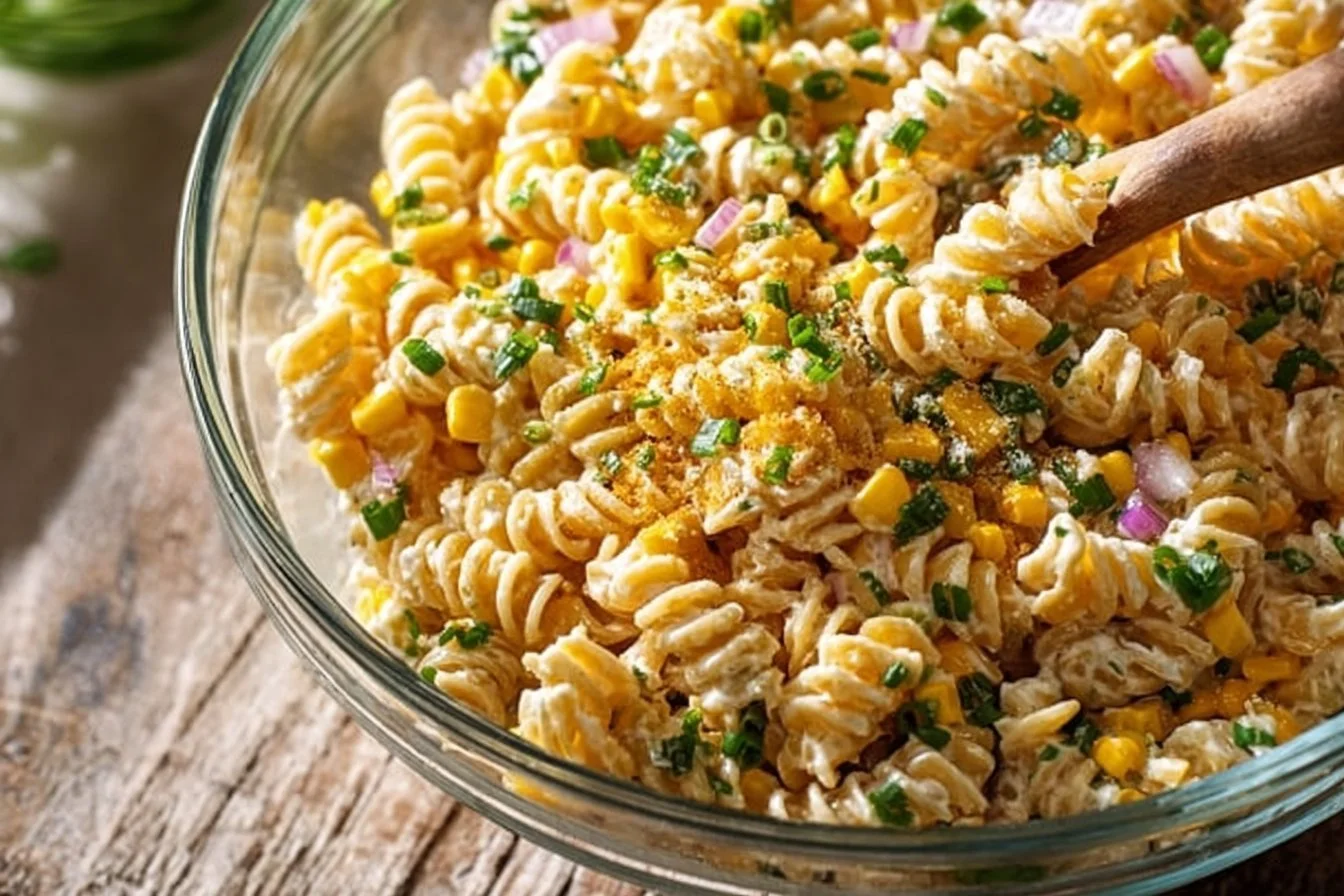 High protein corn on the cob pasta salad with fresh ingredients and vibrant colors