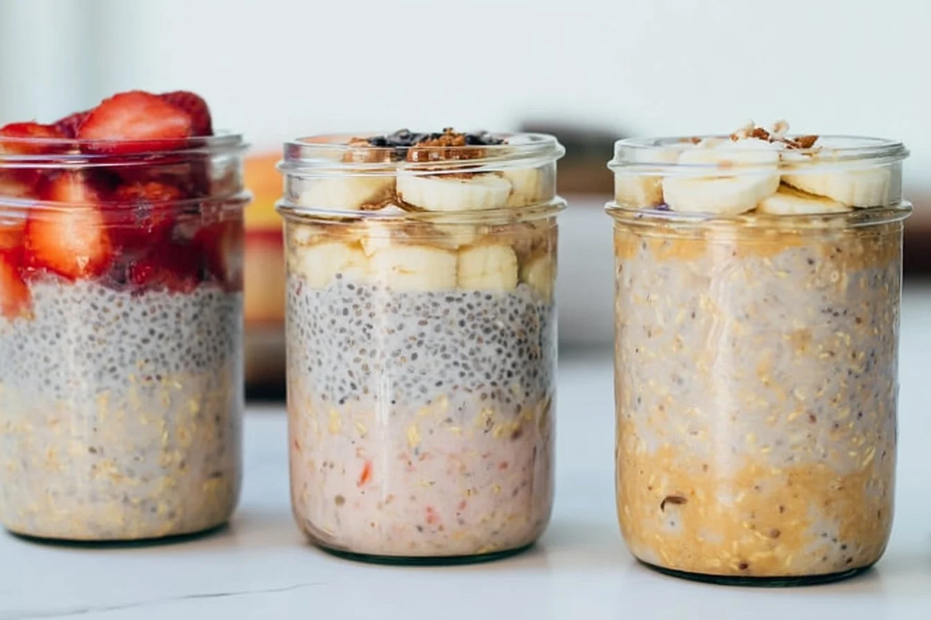 Bowl of high-protein overnight oats topped with fruits and nuts.