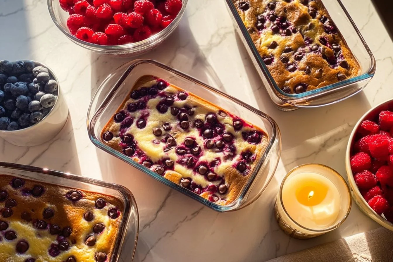 High protein pancake bowl topped with fresh fruits and nuts.