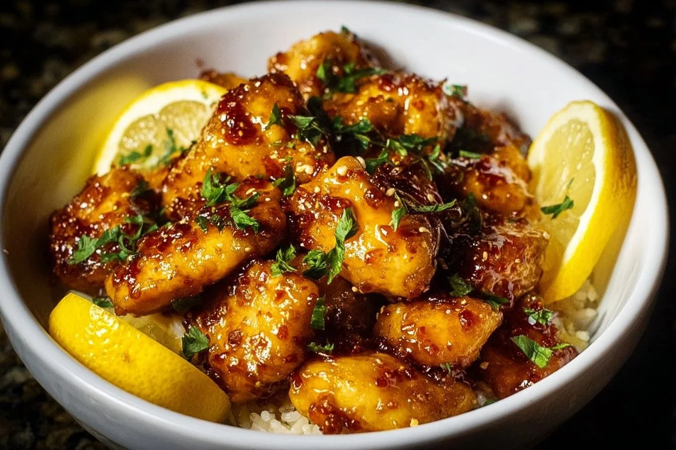 Delicious honey garlic chicken bites served with a fresh garnish