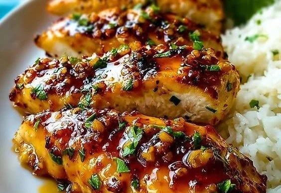 Honey Garlic Chicken Breasts served on a plate with vegetables