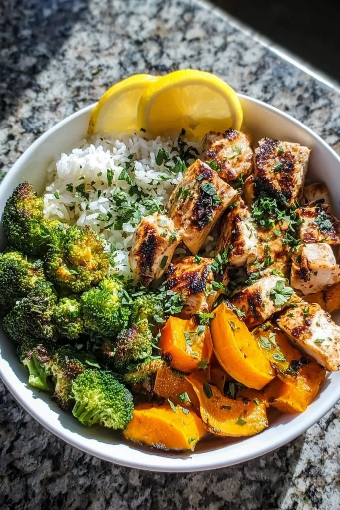 Delicious hot honey chicken bowl filled with savory chicken and vibrant vegetables