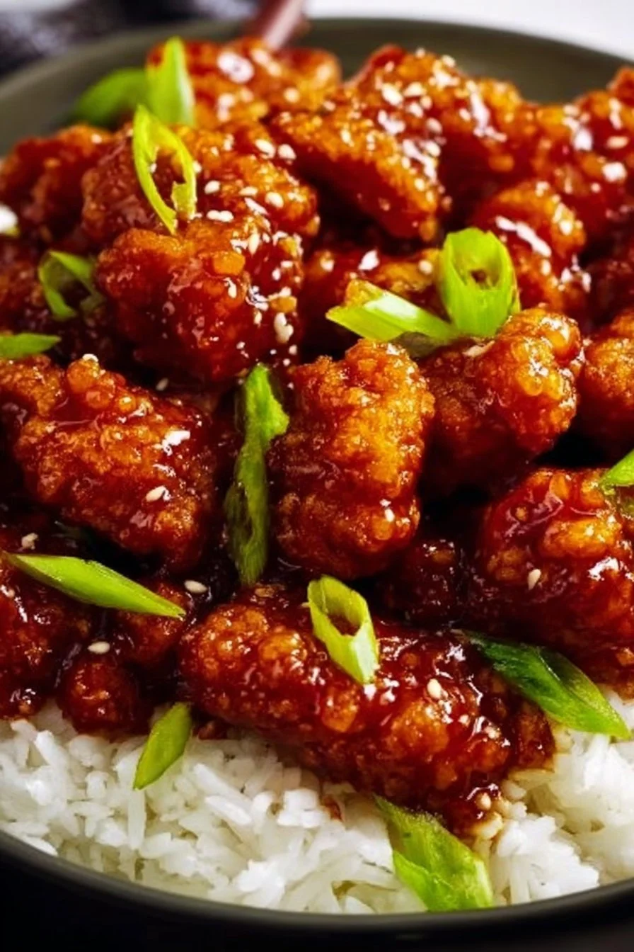 Irresistibly spicy dragon chicken dish garnished with fresh herbs.