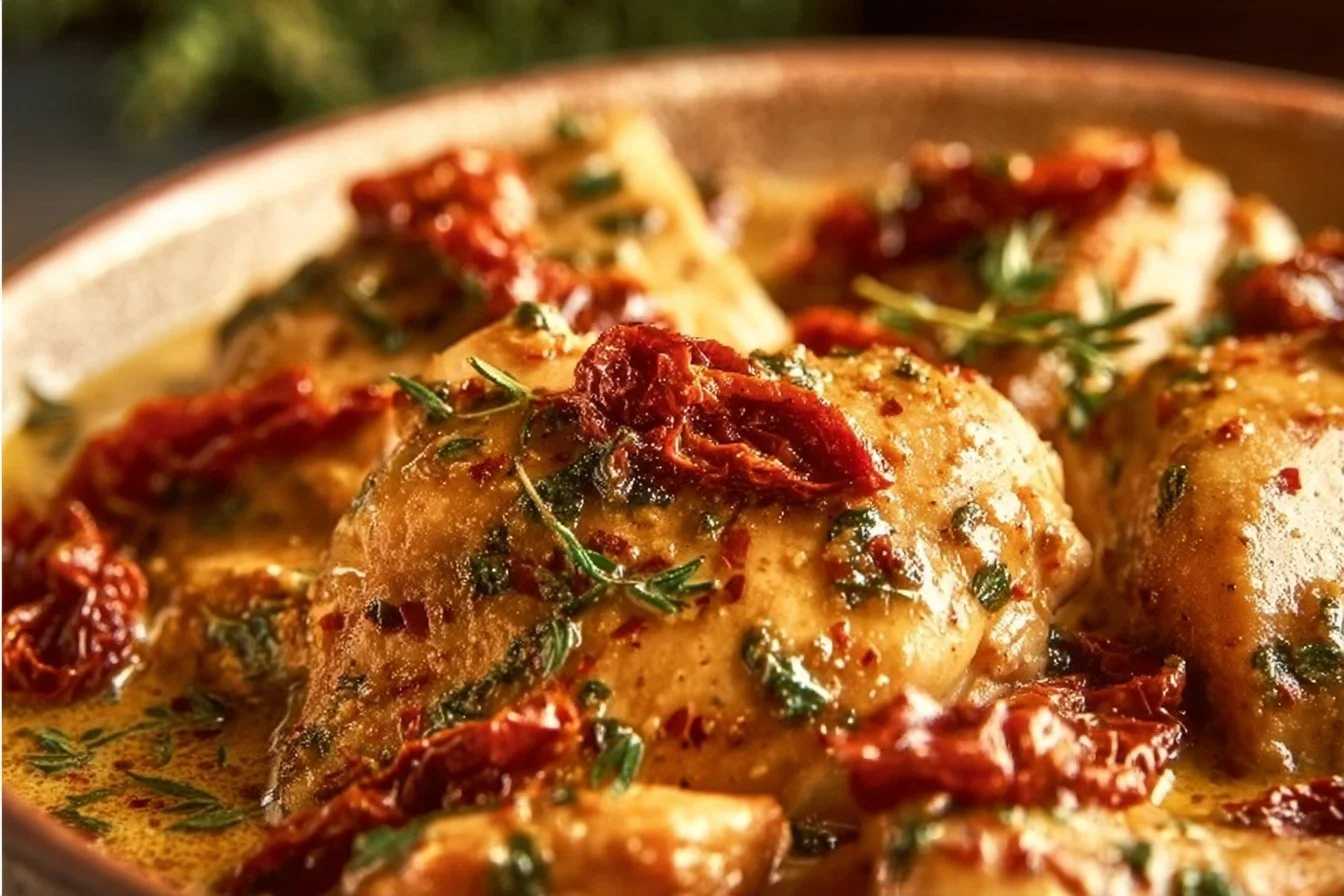 Delicious and juicy Marry Me Chicken recipe served on a plate with herbs.