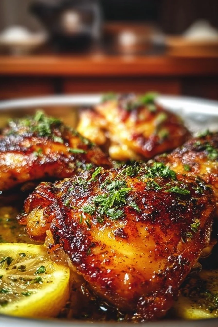 Lemon Paprika Roast Chicken Thighs garnished with herbs and served on a plate.