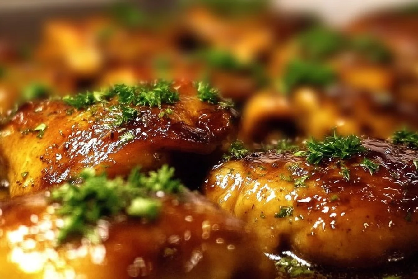 Maple Glazed Chicken Thighs served with sides on a wooden table