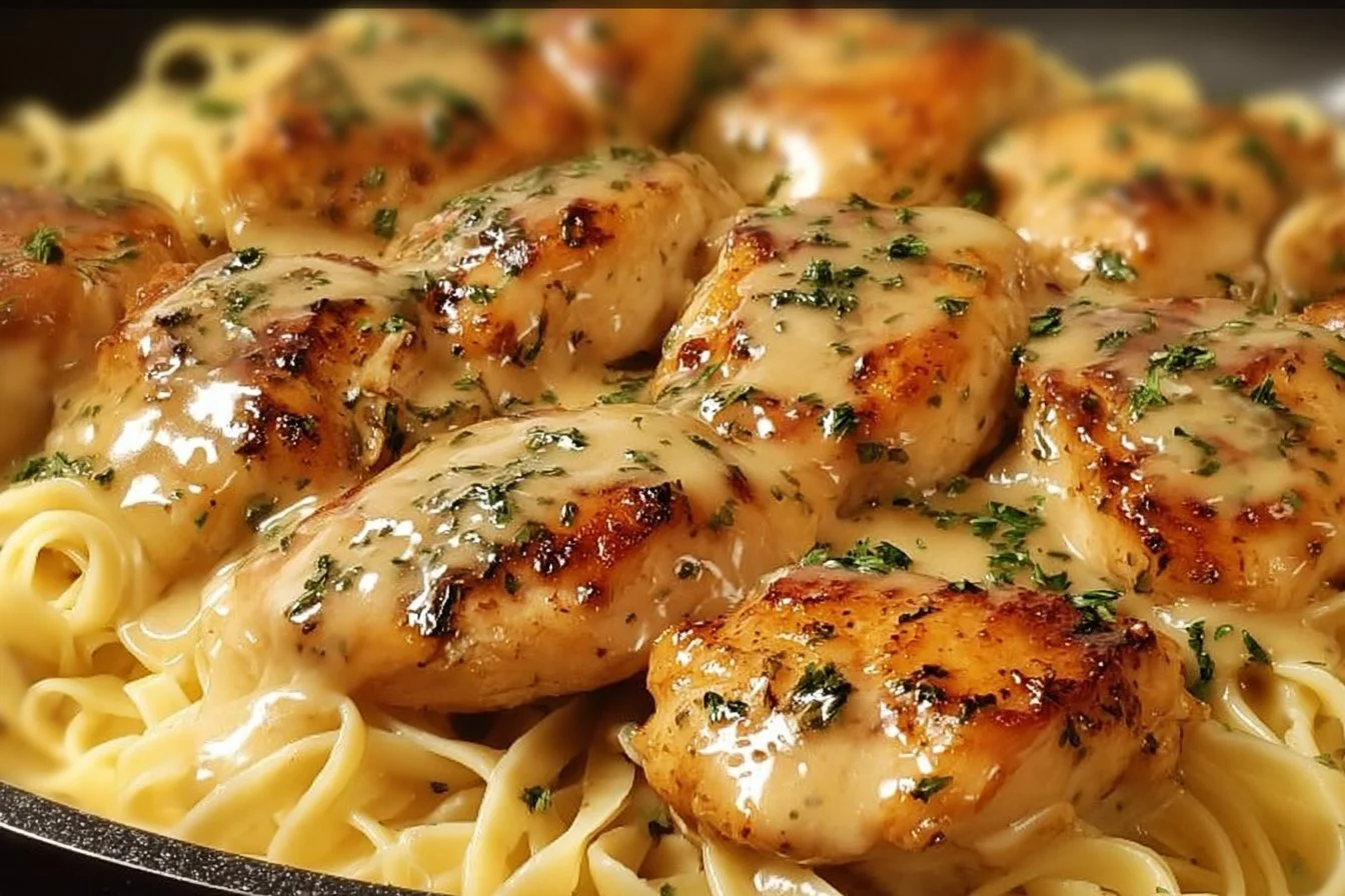One-Pan Chicken with Buttered Noodles 1 One-pan chicken dish with buttery noodles served on a plate
