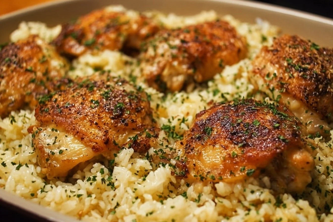 Oven-Baked Chicken and Rice 4 Oven-baked chicken and rice dish served on a plate