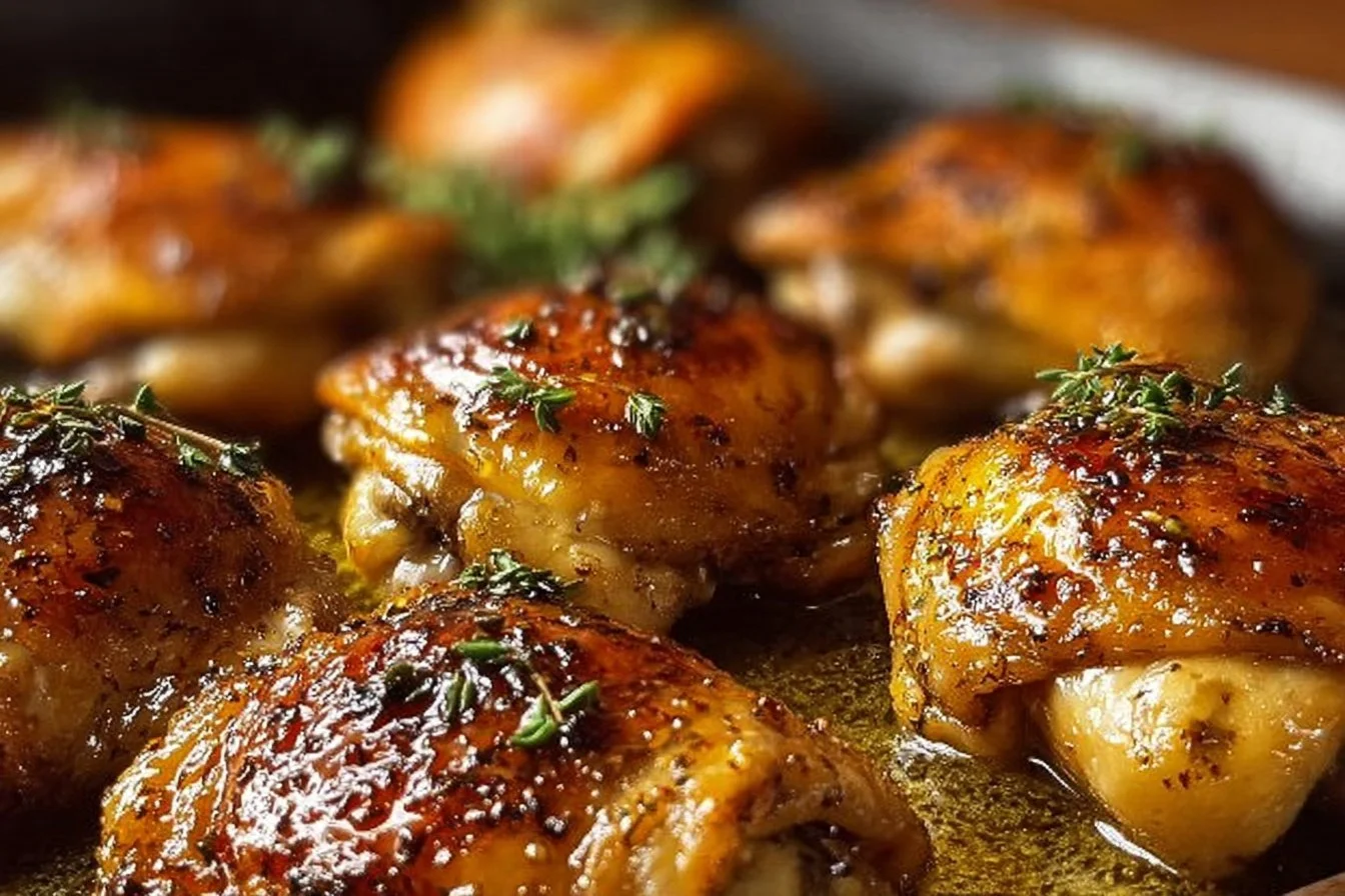 Oven-baked chicken thighs served on a plate with herbs and spices.