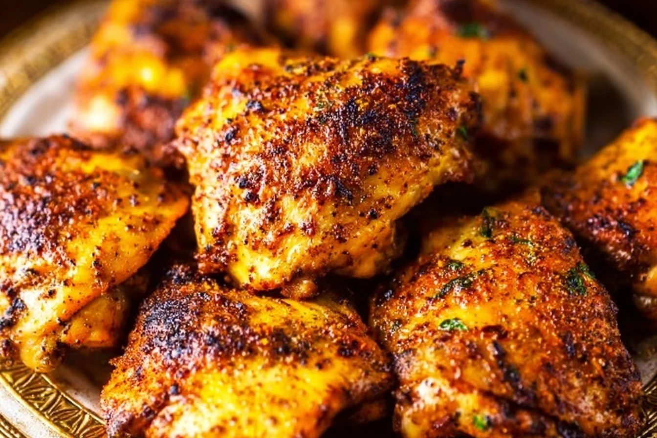 Juicy oven baked chicken thighs served with herbs and spices