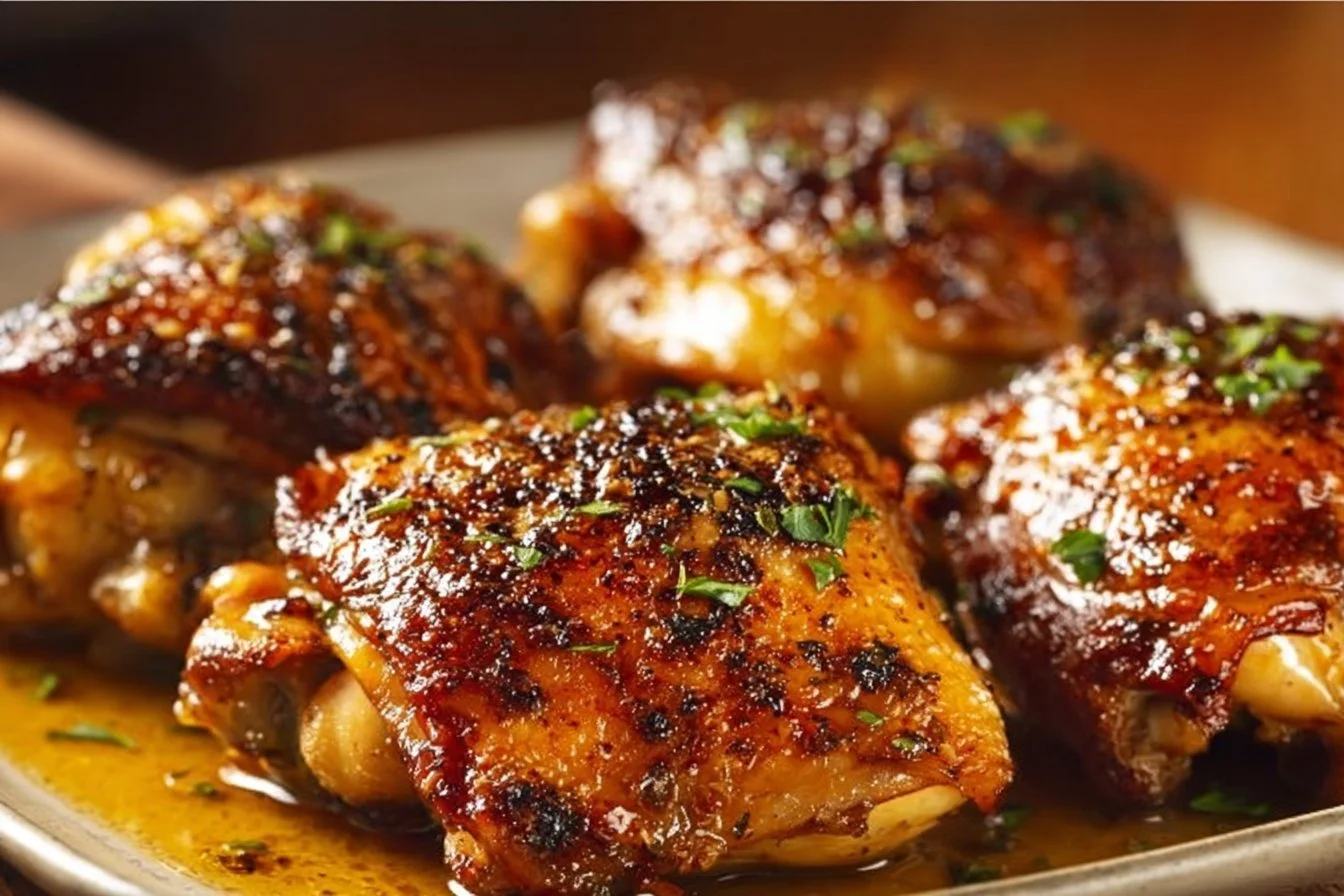 Oven-roasted chicken thighs garnished and ready to serve