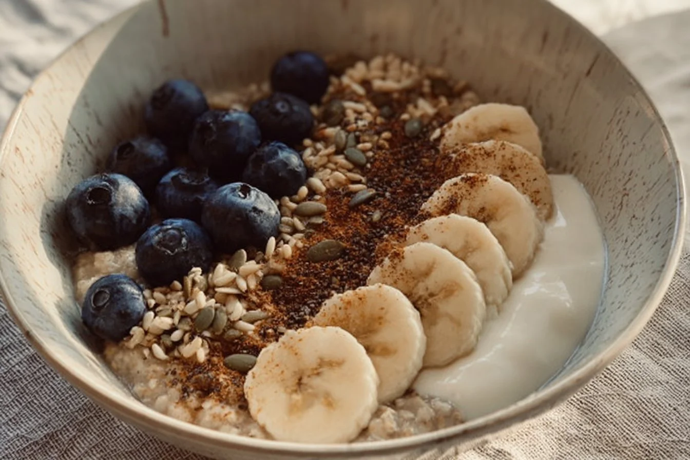 Overnight Oats 4 A bowl of colorful overnight oats topped with fruits and nuts