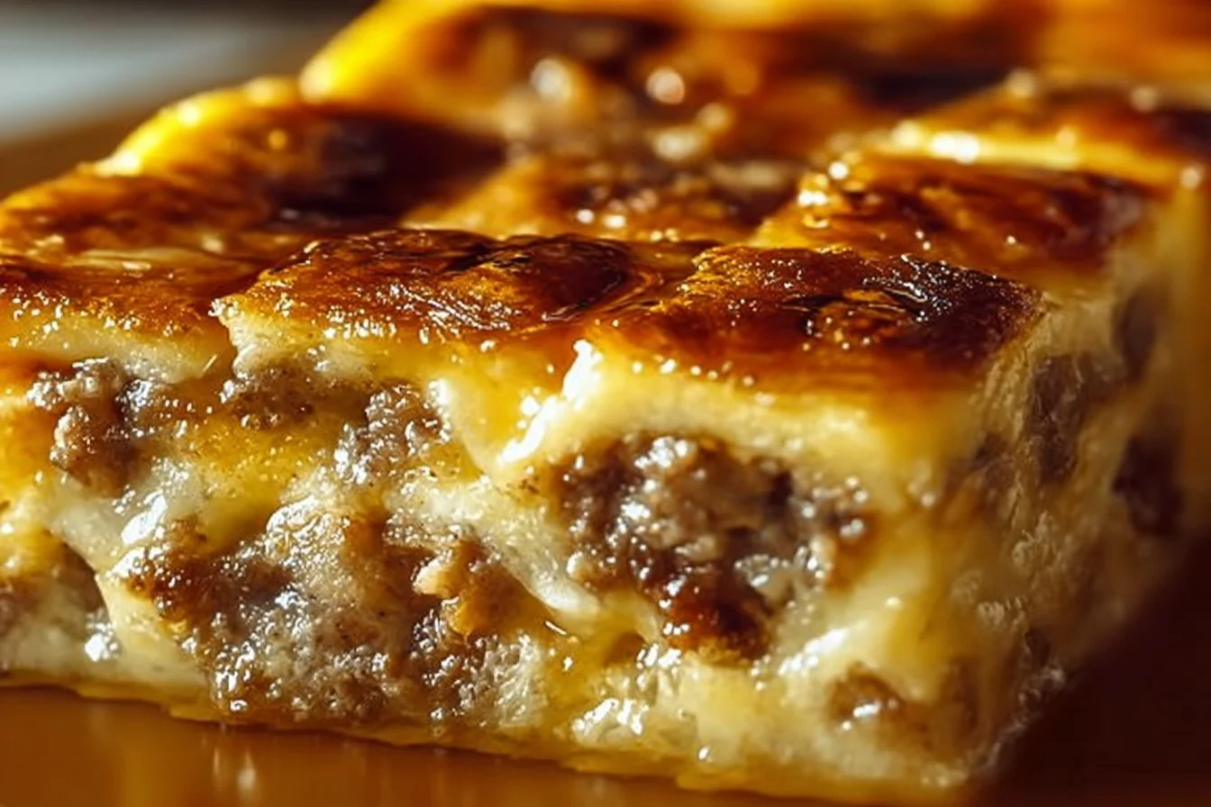 Pancake sausage casserole served in a baking dish, topped with syrup and fresh fruit.