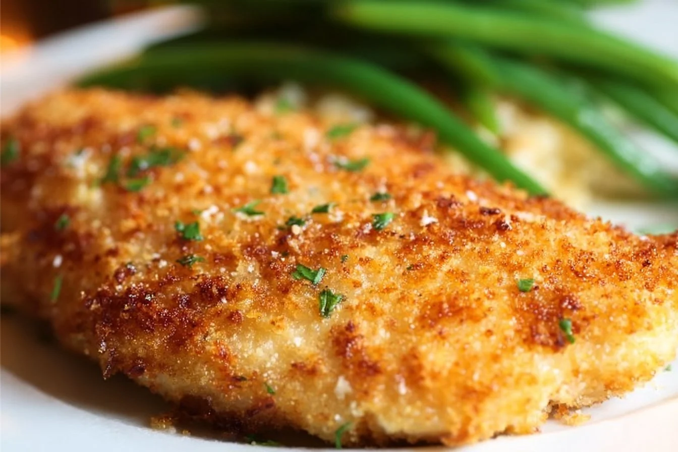Delicious Parmesan Crusted Chicken with a crispy cheese crust on a plate