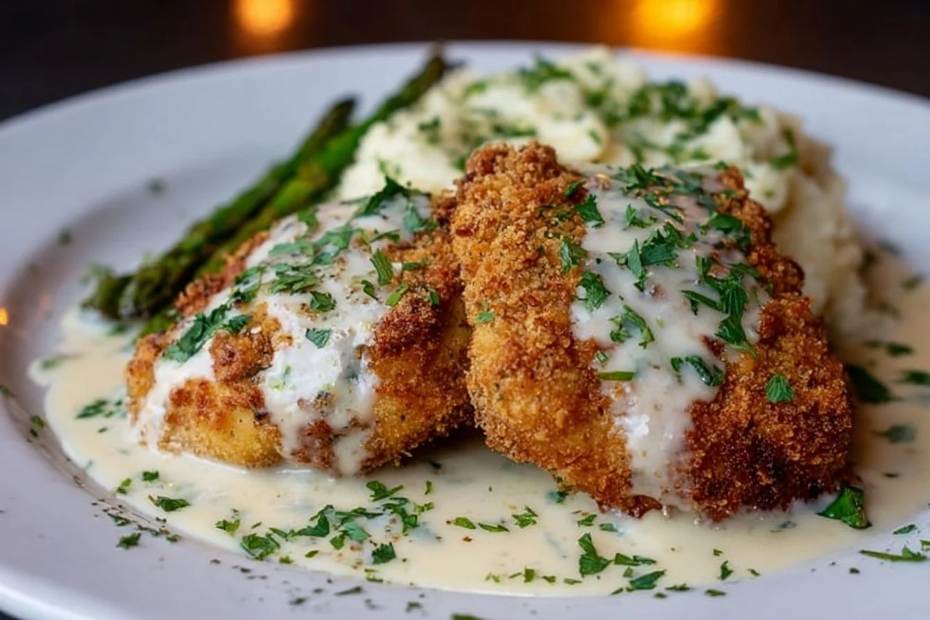 Delicious Parmesan Crusted Chicken served with creamy garlic sauce on a plate