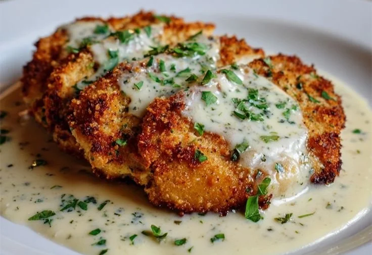 Parmesan Crusted Chicken with Creamy Garlic Sauce