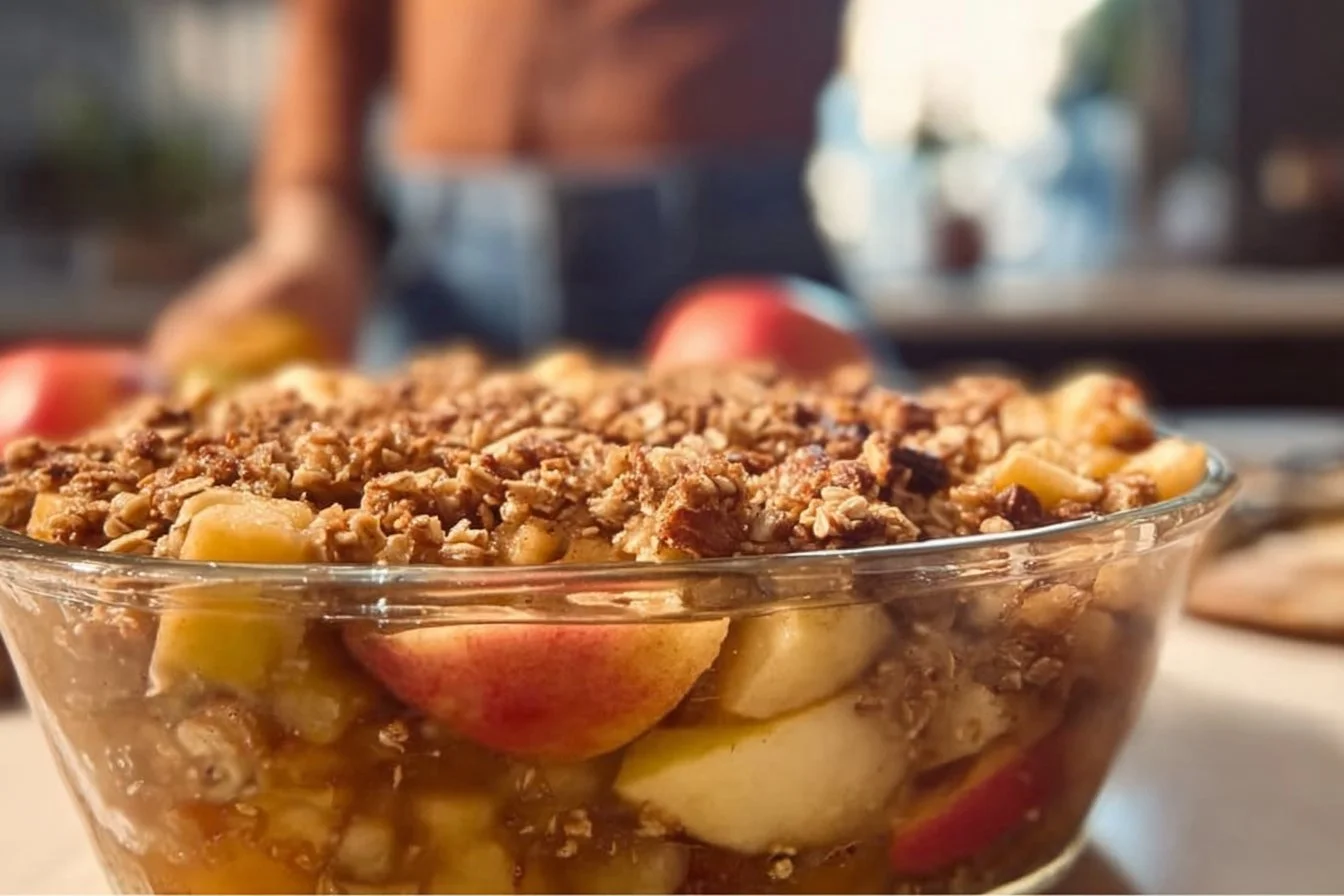 Delicious Pear and Apple Breakfast Crumble served in a bowl with a golden topping