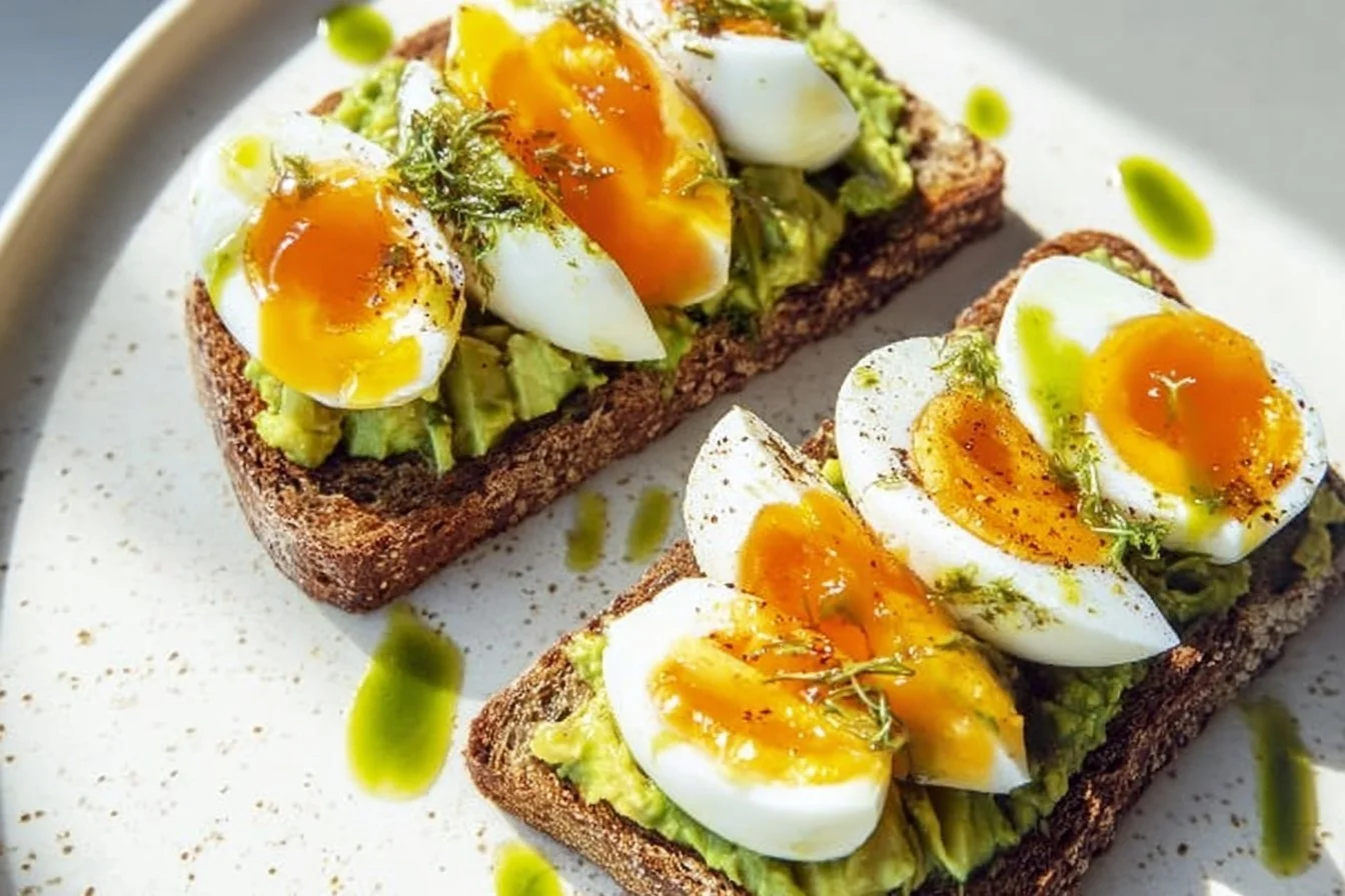 Pesto Avocado Toast with Eggs 4 Pesto avocado toast topped with eggs on a plate