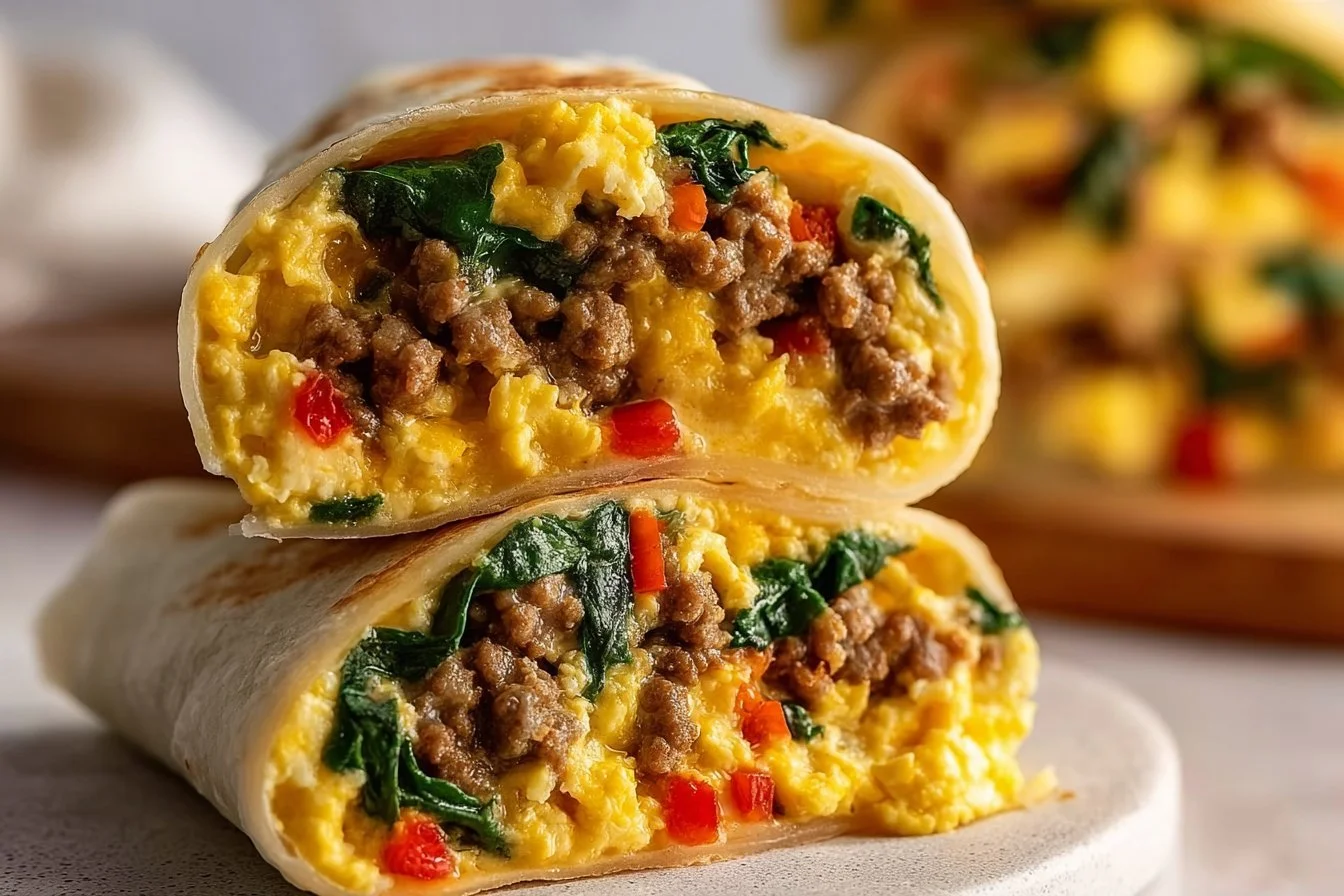Delicious protein breakfast burritos filled with eggs, veggies, and cheese