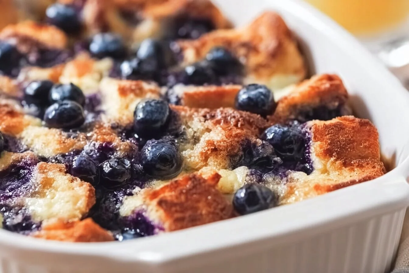 A delicious Quick Blueberry French Toast Casserole served in a baking dish.