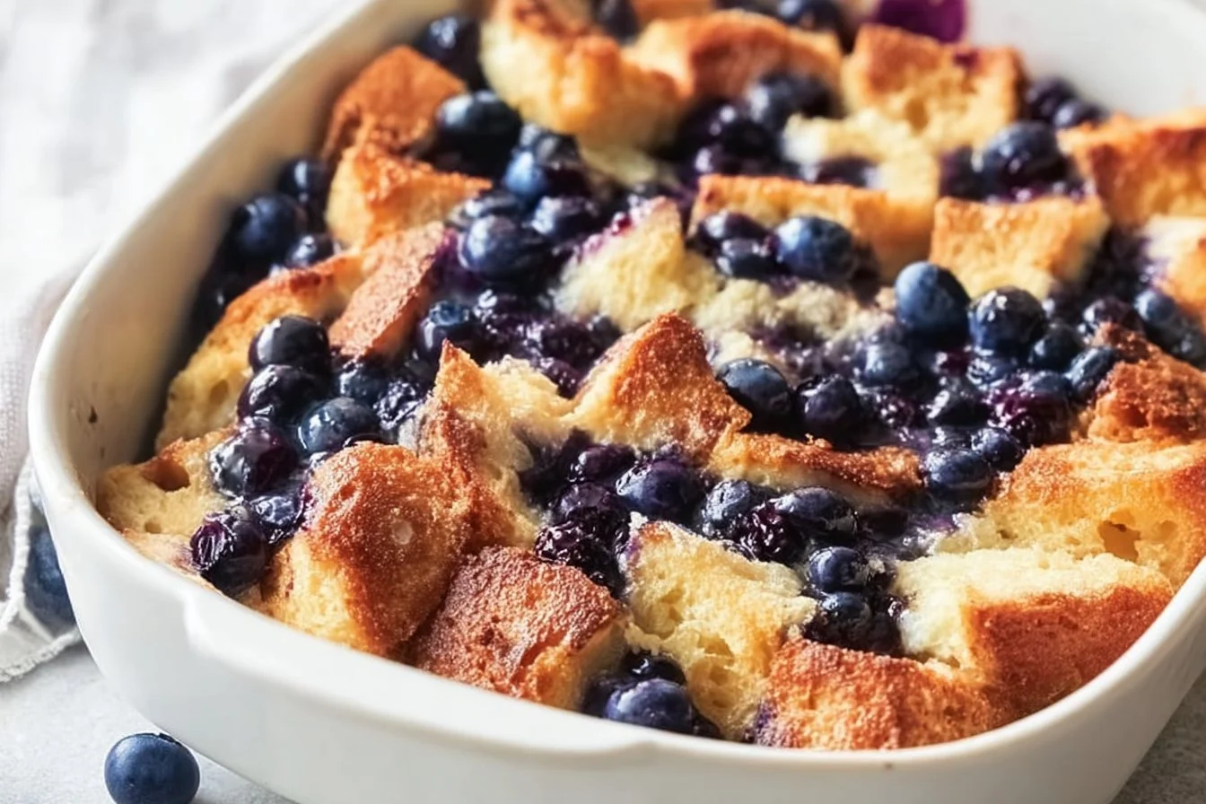 Delicious quick blueberry French toast casserole topped with fresh blueberries.