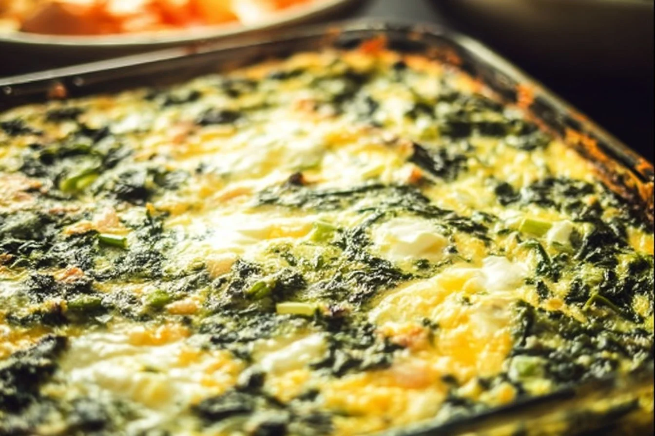 Quick Spinach Egg Casserole served in a baking dish, garnished with herbs.