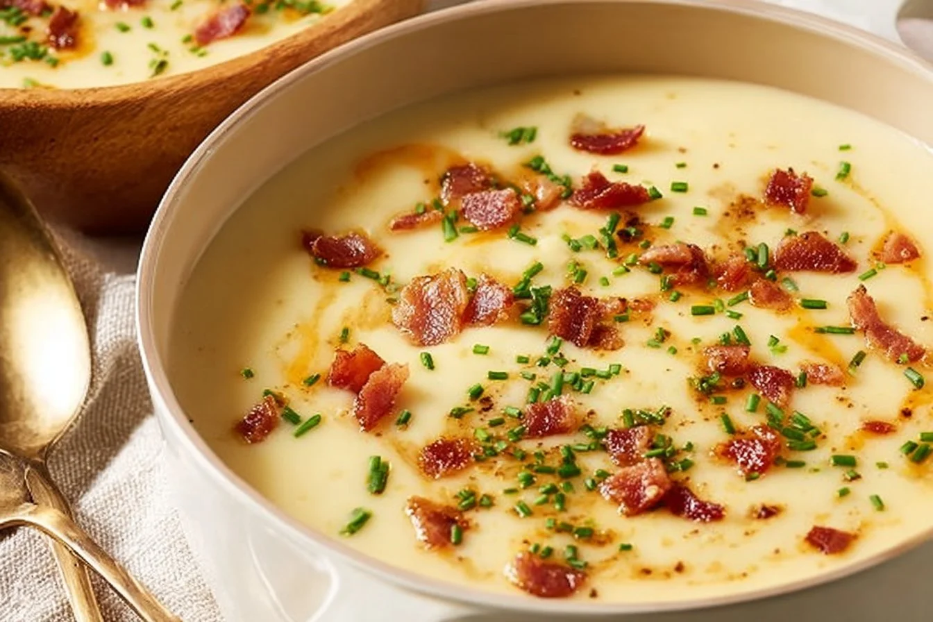 A bowl of rich baked potato soup garnished with green onions and cheese.