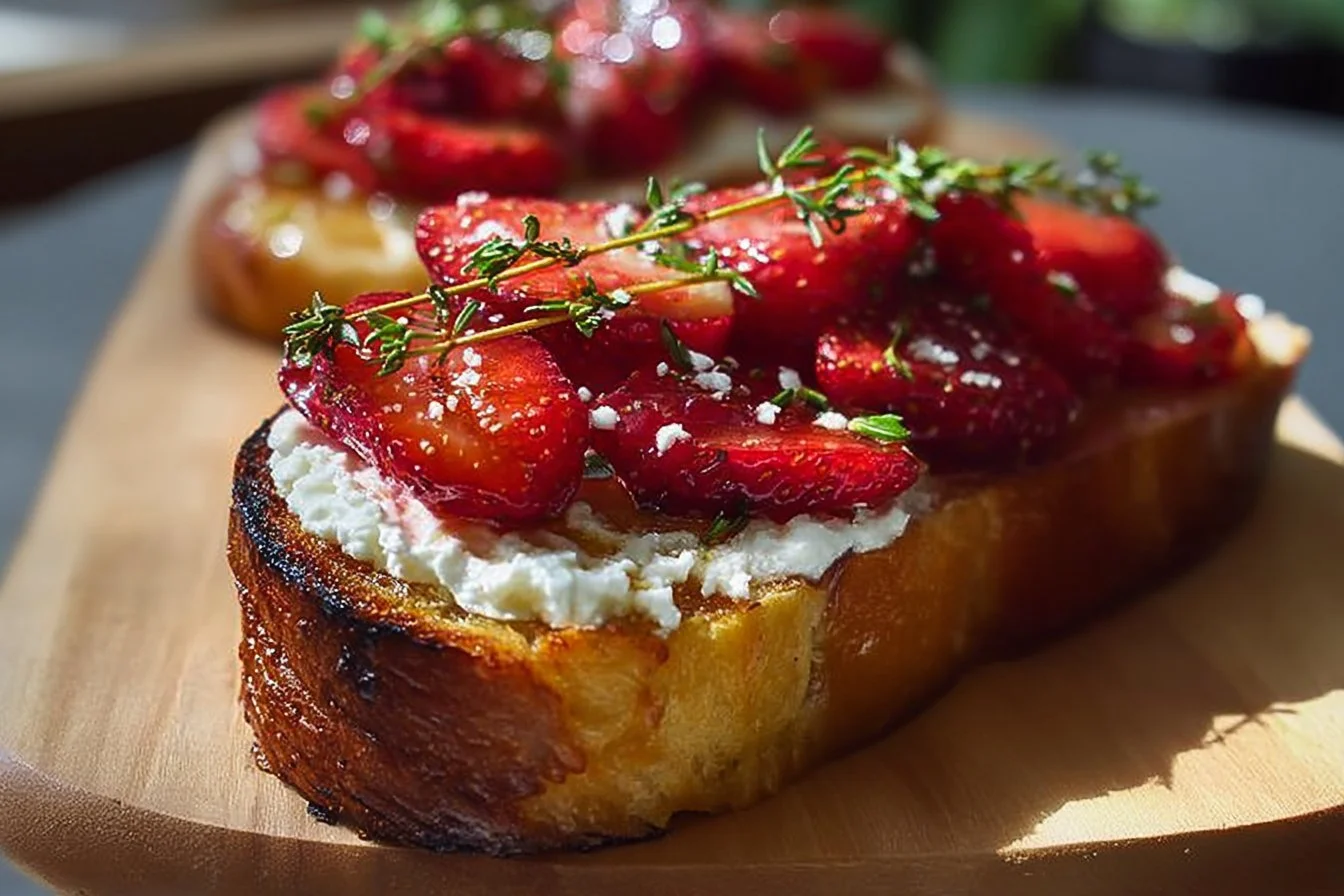 Roasted strawberry whipped ricotta toast topped with fresh strawberries.