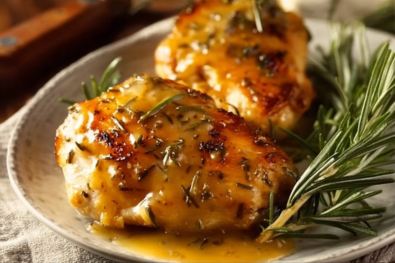 Delicious Rosemary Dijon Chicken served with fresh herbs and a mustard glaze.