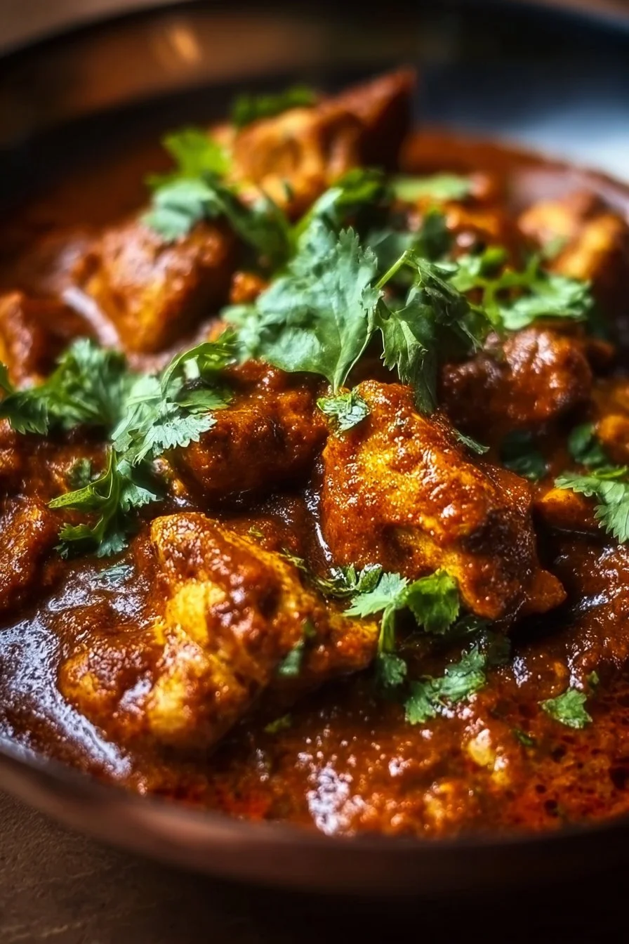 Delicious plate of savory chicken bhuna served with rice and herbs
