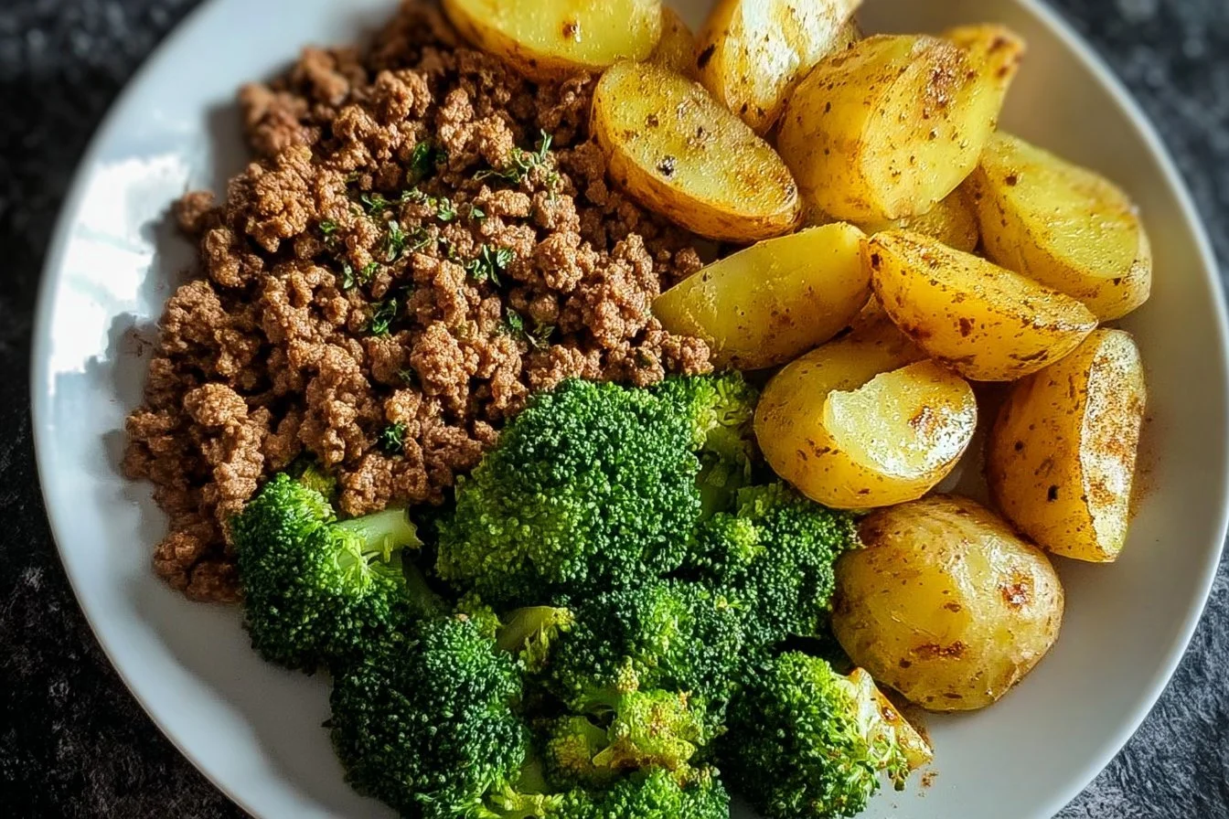 Savory Ground Beef with Herb-Roasted Potatoes & Steamed Broccoli
