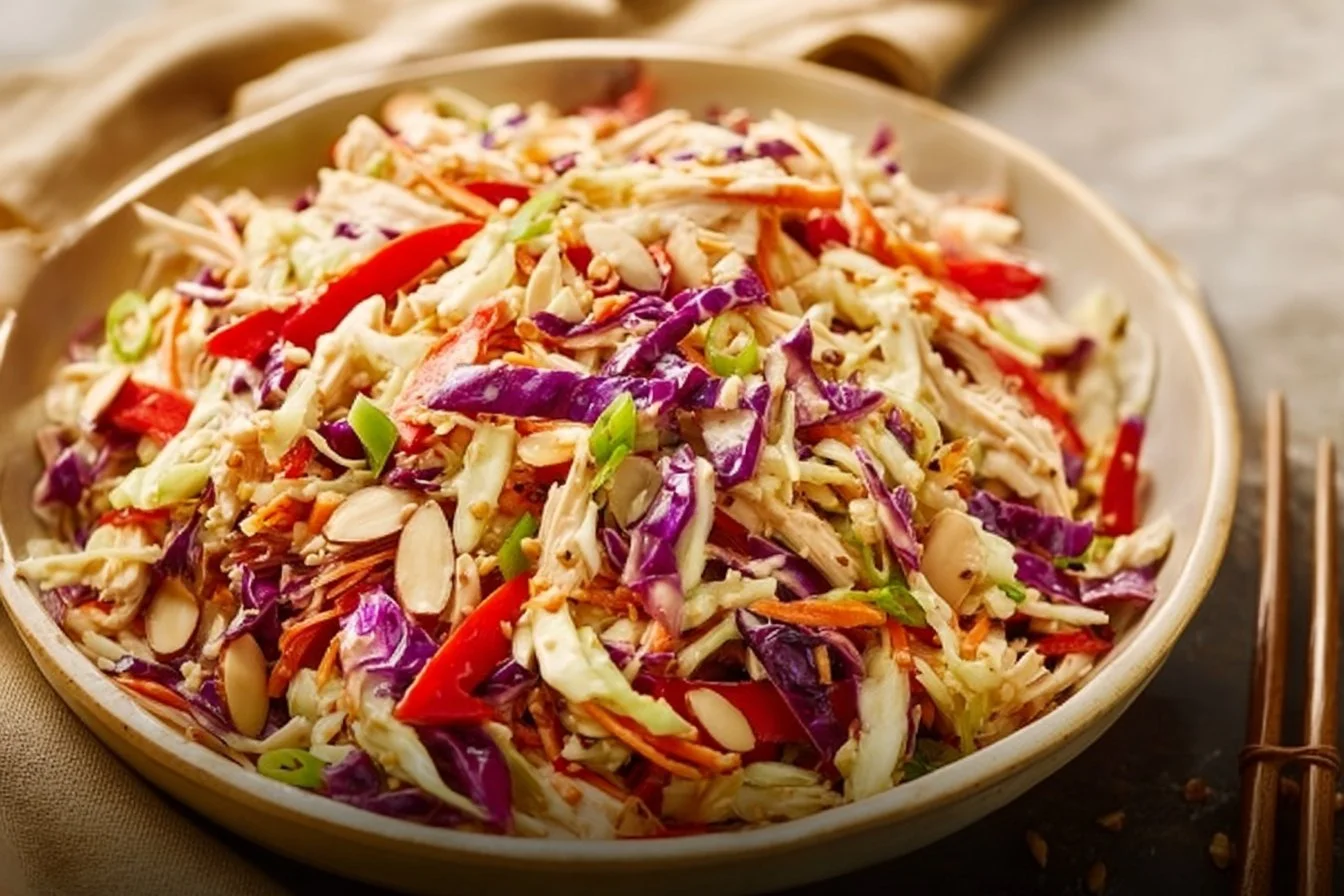Sesame Chicken Coleslaw Salad topped with Ginger Dressing for a fresh meal