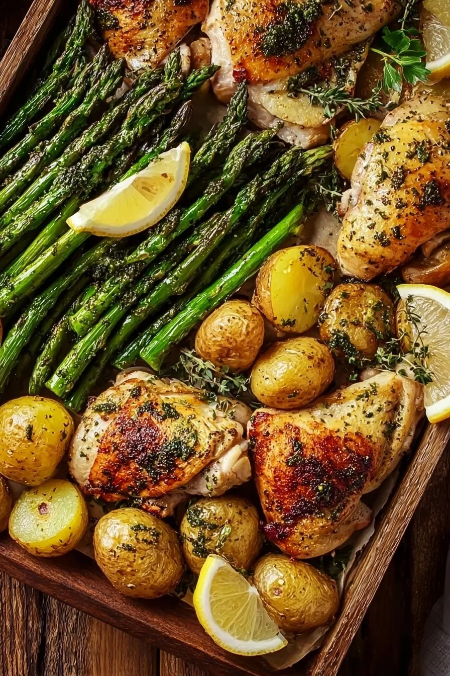 Sheet pan garlic butter chicken with colorful vegetables roasted to perfection.