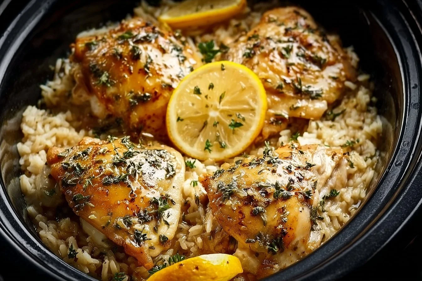 Slow Cooker Lemon Herb Chicken served with rice on a plate