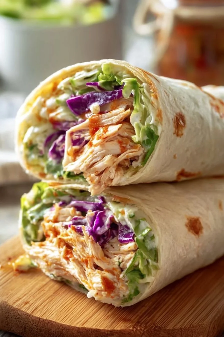 Delicious spicy Buffalo chicken wraps ready to serve with fresh ingredients.