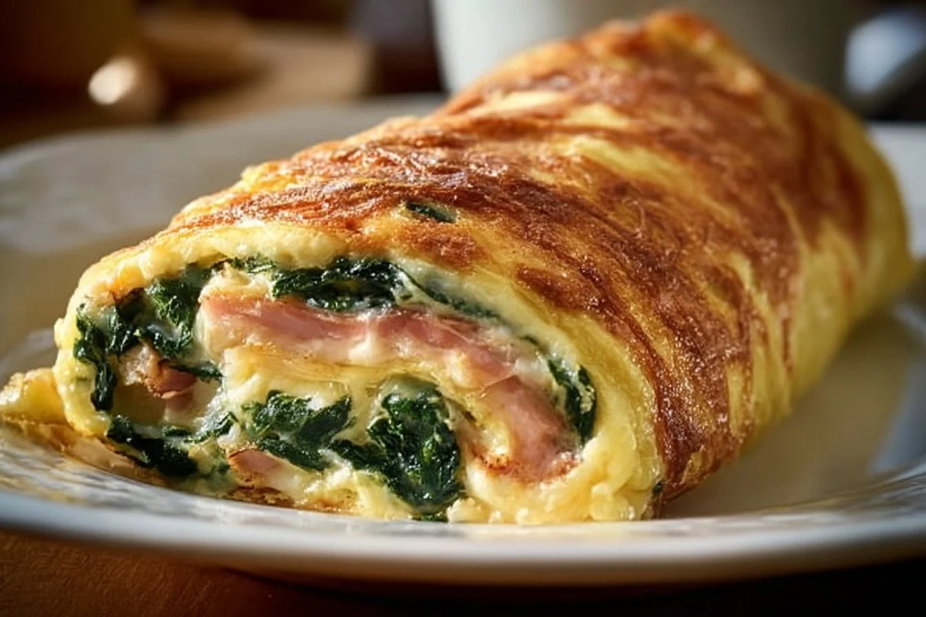 Freshly baked spinach ham breakfast rolls on a wooden table