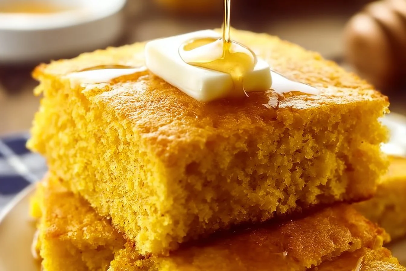 Delicious sweet potato cornbread slice on a wooden table