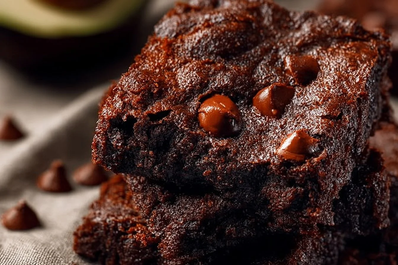 Delicious gluten-free avocado brownies topped with chocolate and nuts.