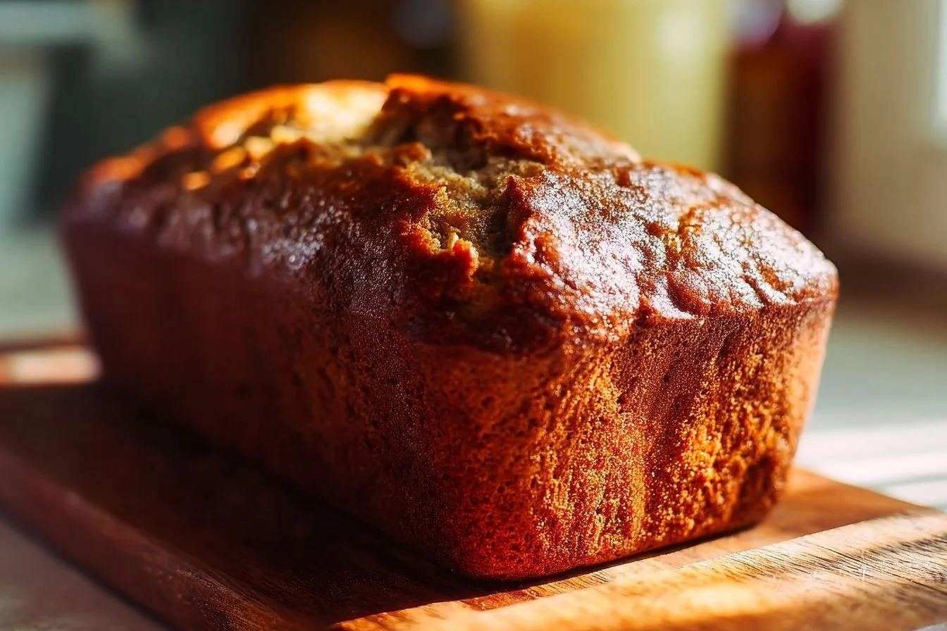 Tasty honey banana bread sliced and garnished with bananas and honey